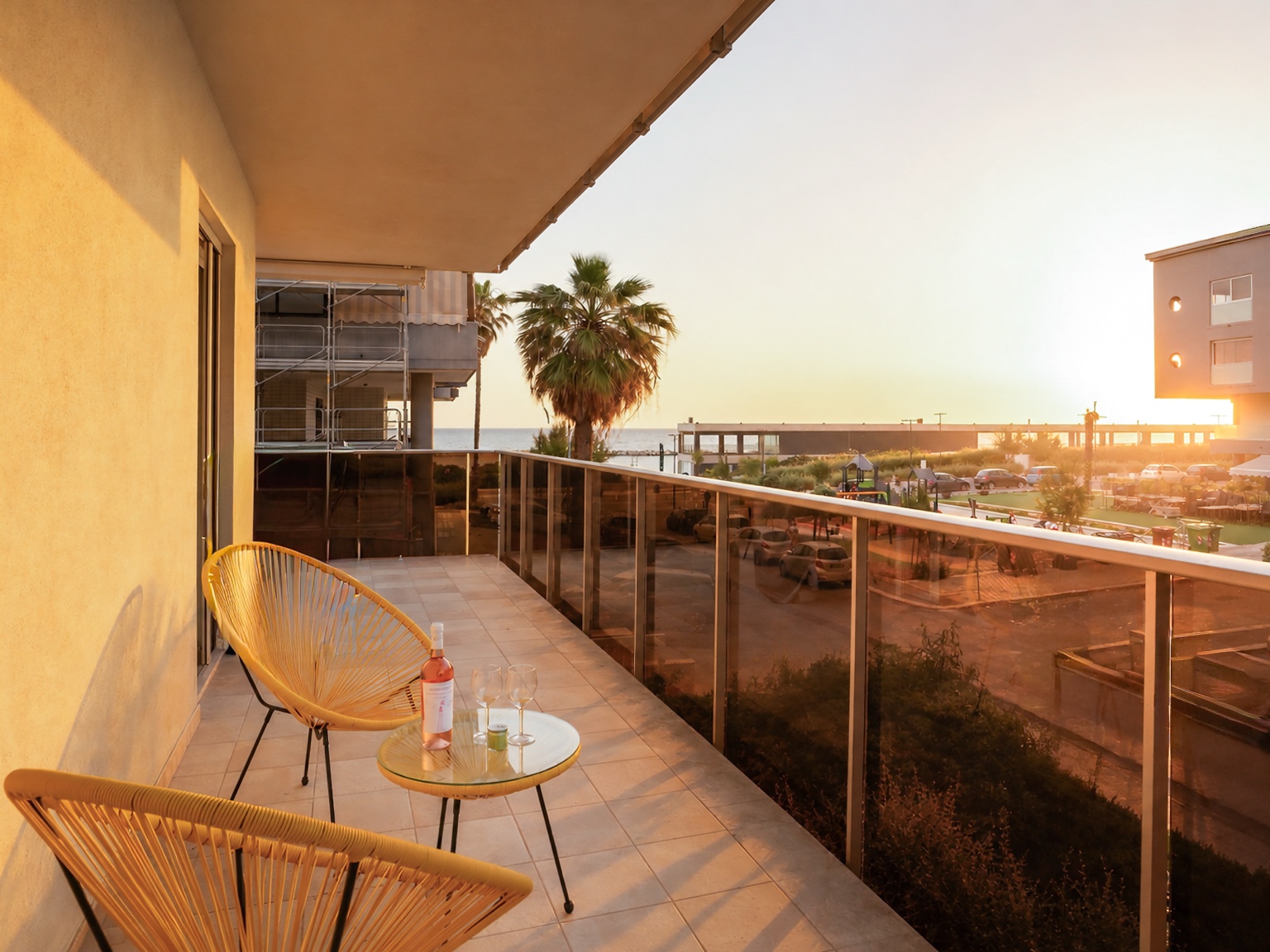 Oceanomare veranda overlooking the sea at sunset